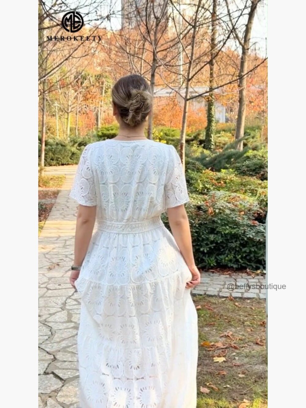Women's Summer Floral Maxi Dress Boho Eyelet Lace Short Sleeve Tiered Flowy - Picture 7 of 7